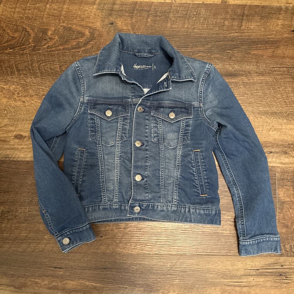 Gap Girls Blue Denim Jacket L Button Front Long Sleeve Collared Pockets Short